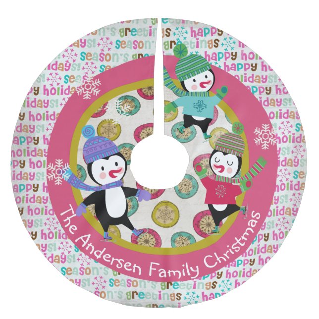 Skating Penguins Personalised Holiday Tree Skirt 4 (Front)