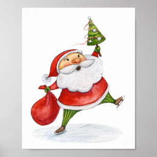 Skating Santa Cute Christmas watercolor drawing Poster