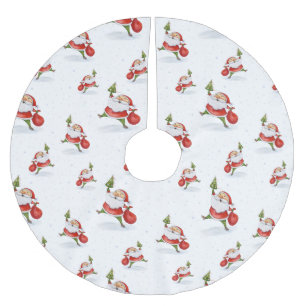 Skating Santa Cute Christmas Watercolor Pattern Brushed Polyester Tree Skirt