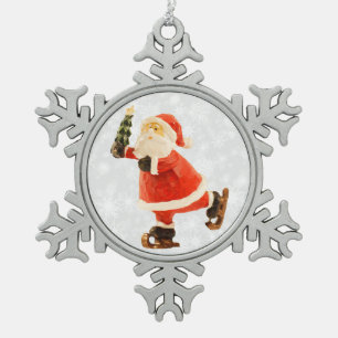 Skating Santa with Tree Snowflake Pewter Christmas Ornament