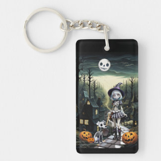 Skele Girl And Her Pup In Moonlight Key Ring