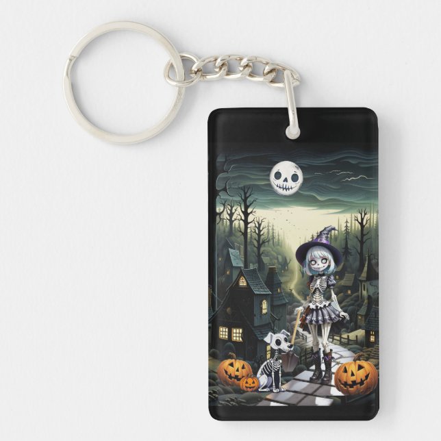 Skele Girl And Her Pup In Moonlight Key Ring (Front)
