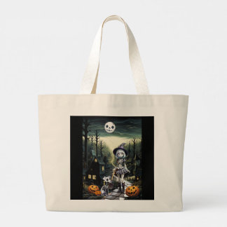 Skele Girl And Her Pup In Moonlight Large Tote Bag