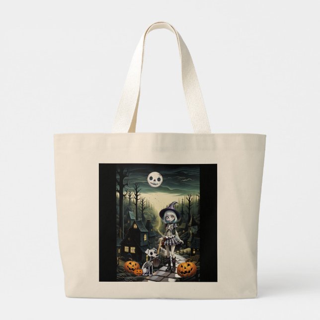 Skele Girl And Her Pup In Moonlight Large Tote Bag (Back)