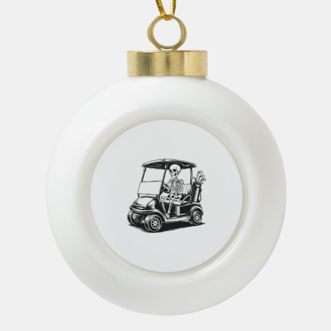 Skeletal Golfer Skull Playing Golf Ceramic Ball Christmas Ornament (Front)