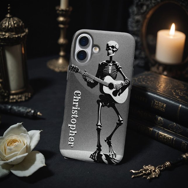 Skeleton Acoustic Guitar Black White Grainy Grunge Case-Mate iPhone Case (creepy-cool skeleton playing acoustic guitar is a unique phone case for grunge nostalgia)