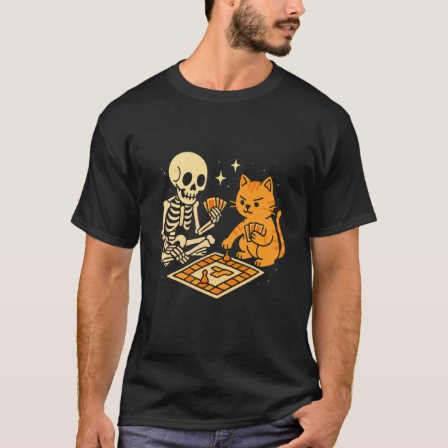 Skeleton and Cat Playing Board Game T-Shirt (Front)