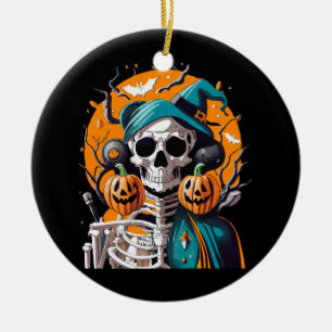 Skeleton and pumpkin ceramic ornament