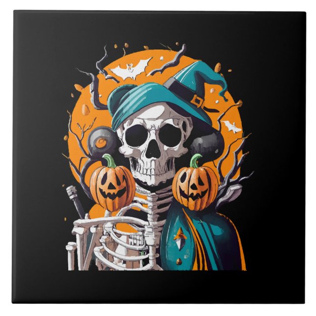 Skeleton and pumpkin ceramic tile (Front)