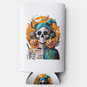 Skeleton and pumpkin seltzer can cooler