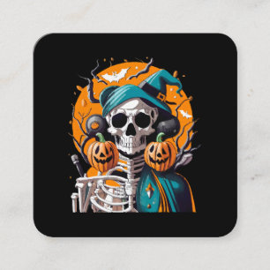 Skeleton and pumpkin square business card