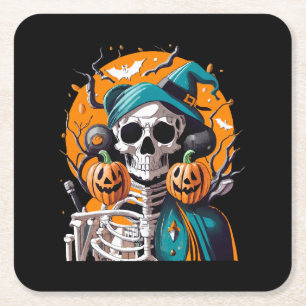 Skeleton and pumpkin square paper coaster