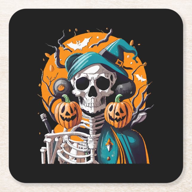 Skeleton and pumpkin square paper coaster (Front)
