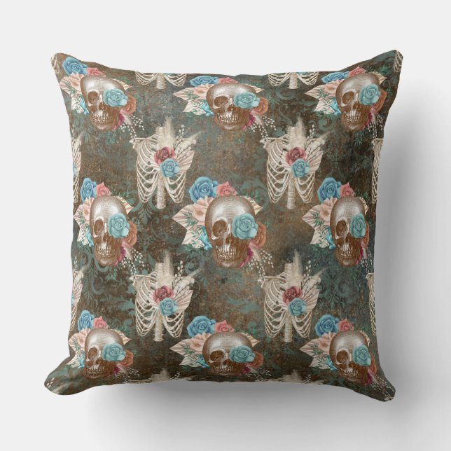 Skeleton and Skull with Roses Cushion (Front)