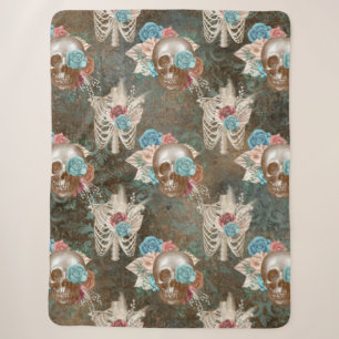 Skeleton and Skull with Roses Sherpa Blanket