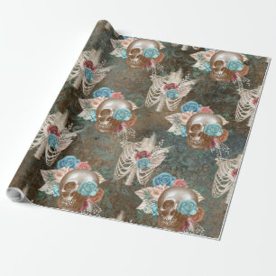 Skeleton and Skull with Roses Wrapping Paper