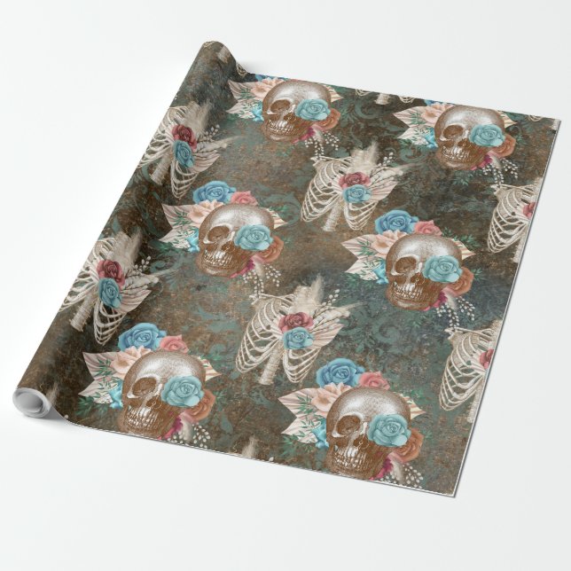 Skeleton and Skull with Roses Wrapping Paper (Unrolled)