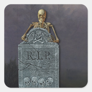 Skeleton and Tombstone in Cemetary Halloween Square Sticker
