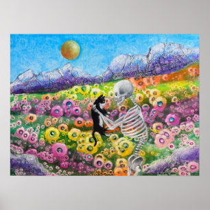 Skeleton and Tuxedo Cat in Flowers Love Poster