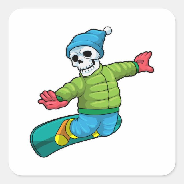 Skeleton as Snowboarder with Snowboard Square Sticker (Front)
