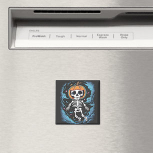 skeleton astronaut wears a pumpkin magnet