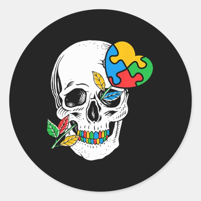 Skeleton Autism Awareness Skull Rose Autism Puzzle Classic Round Sticker (Front)