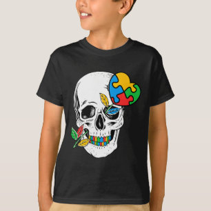 Skeleton Autism Awareness Skull Rose Autism Puzzle T-Shirt
