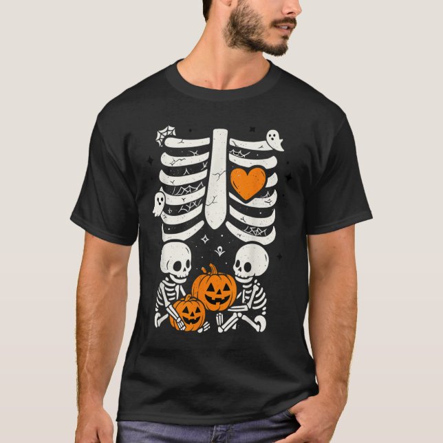 Skeleton Baby Twins Halloween Pregnancy Announceme T-Shirt (Front)