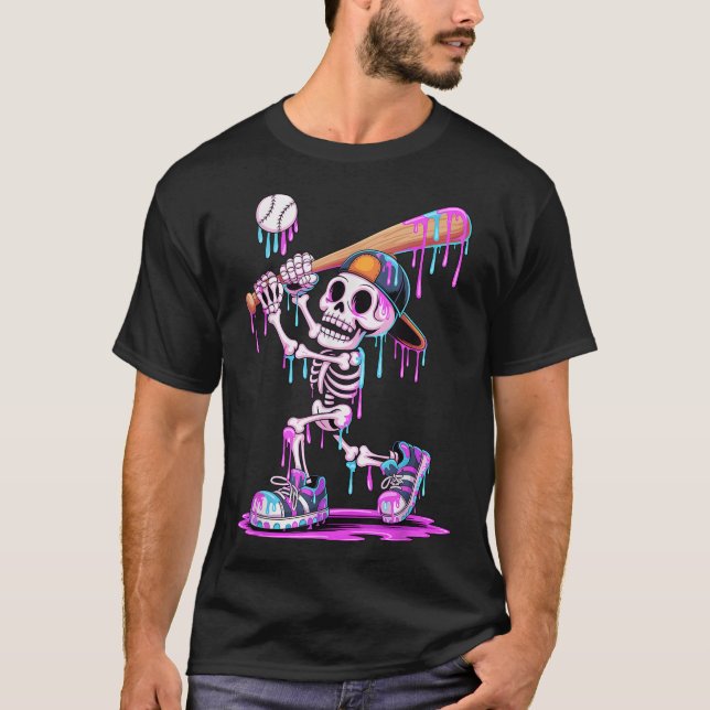 Skeleton Baseball Drip Boys Youth Kids Halloween T-Shirt (Front)