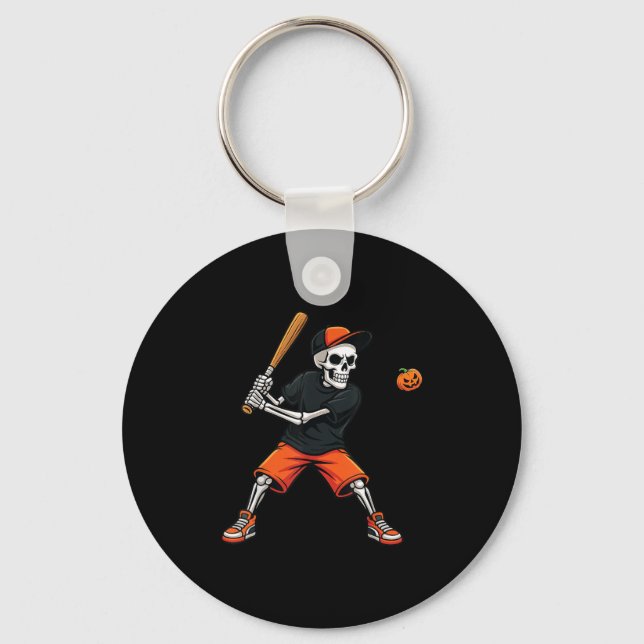 Skeleton Batting Pumpkin Baseball Halloween Costum Key Ring (Front)
