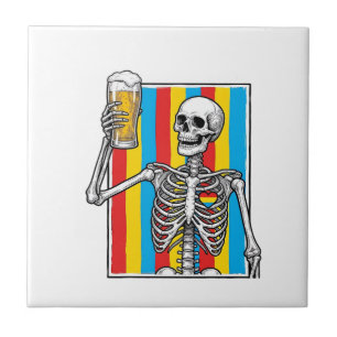 Skeleton Beer Rainbow Vintage Engraving Shirt_1 Ceramic Tile
