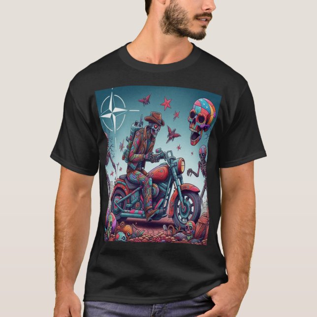 Skeleton Biker in Surreal Psychedelic World T-Shirt (Front)