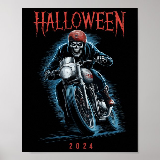 Skeleton Biker On Motorcycle Halloween 2024 Spooky Poster (Front)