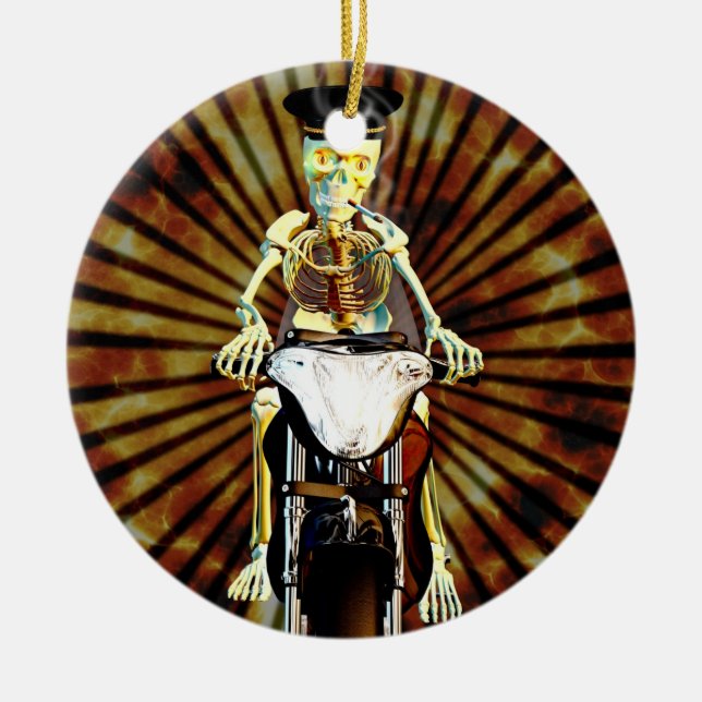Skeleton biker smoking a cigarette ceramic ornament (Front)