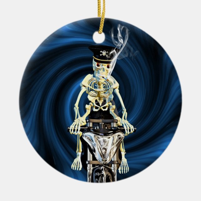 Skeleton biker smoking a cigarette ceramic tree decoration (Front)