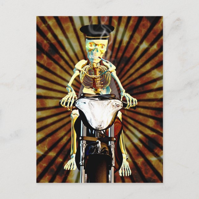 Skeleton biker smoking a cigarette postcard (Front)