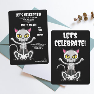 Skeleton Black Cat Birthday Invitation