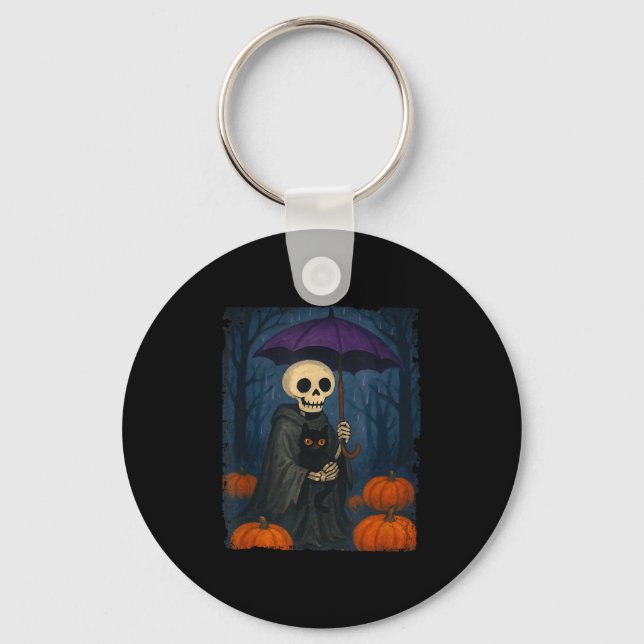 Skeleton Black Cat Purple Umbrella Pumpkin Hallowe Key Ring (Front)