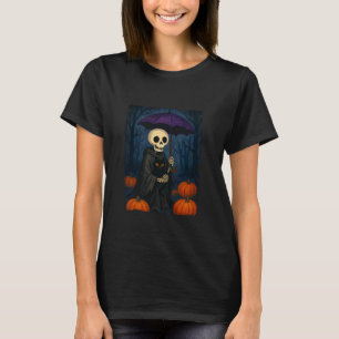 Skeleton Black Cat Purple Umbrella Pumpkin Hallowe T-Shirt