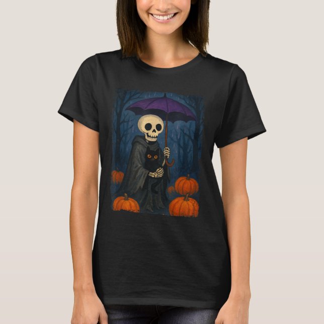 Skeleton Black Cat Purple Umbrella Pumpkin Hallowe T-Shirt (Front)