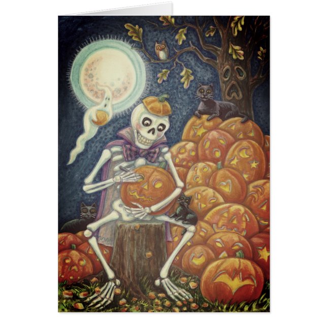SKELETON, BLACK CATS CARVING PUMPKIN GREETING CARD (Front)