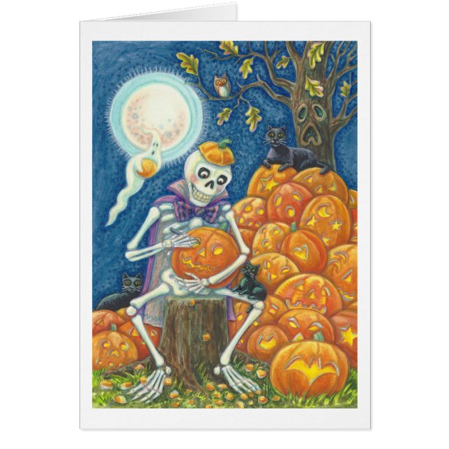 SKELETON, BLACK CATS CARVING PUMPKIN GREETING CARD (Front)