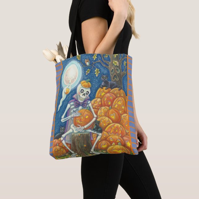 SKELETON, BLACK CATS, JACKS SHOULDER TOTE BAG (Close Up)