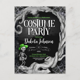 Skeleton Black Halloween Costume Party Invitation  Postcard
