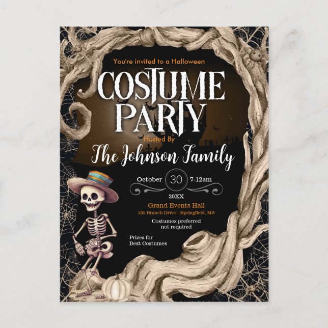 Skeleton Black Halloween Costume Party Invitation  Postcard (Front)