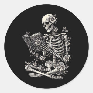Skeleton Book Floral Skull Halloween Teacher Costu Classic Round Sticker