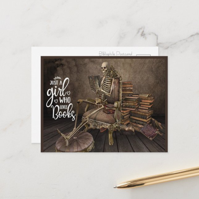 Skeleton Bookworm Girl  Postcard (Front/Back In Situ)