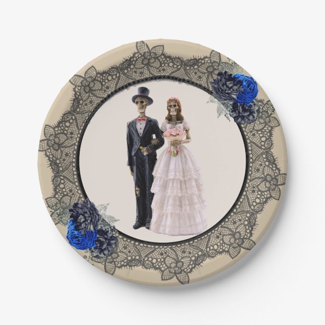 Skeleton Bride and Groom Black Lace Blue Roses Paper Plate (Front)