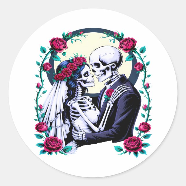 Skeleton Bride and Groom Gothic Classic Round Sticker (Front)