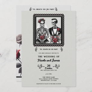 Skeleton Bride & Groom Couple Grey Floral Wedding  Invitation